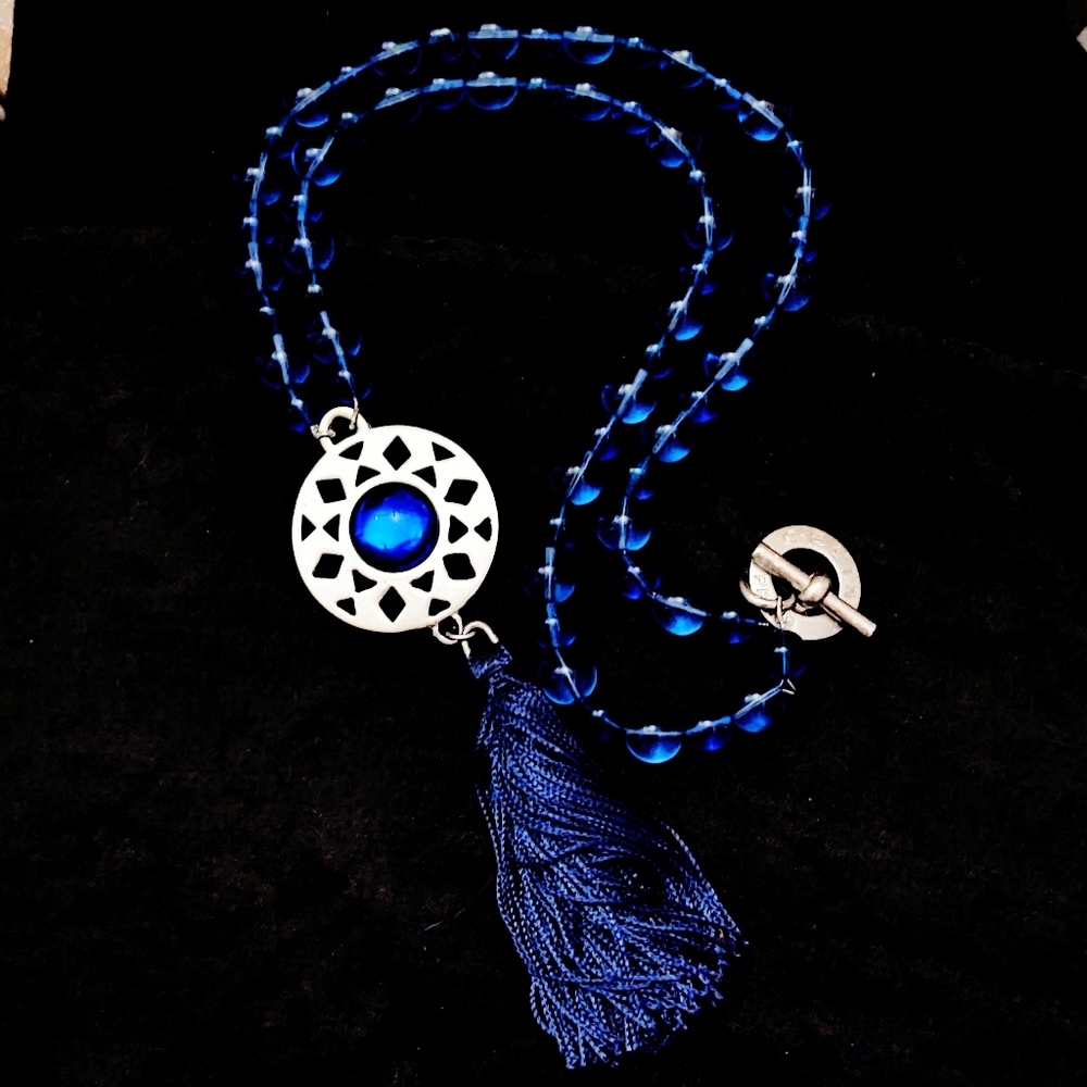Vintage Celine Paris Oversized Blue Glass Bead & Gripoix Silver Necklace - Picture 9 of 15